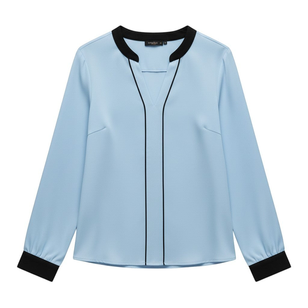 Women's Contrast Trim V-Neck Blouse-Vyana Collective
