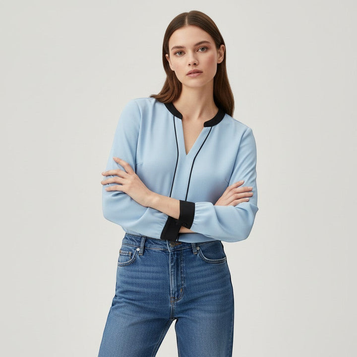 Women's Contrast Trim V-Neck Blouse-Vyana Collective