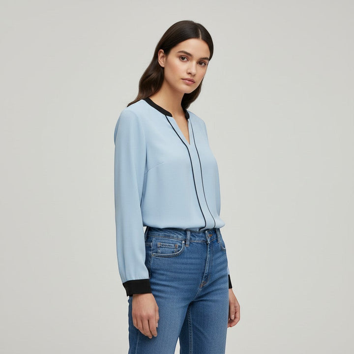 Women's Contrast Trim V-Neck Blouse-Vyana Collective