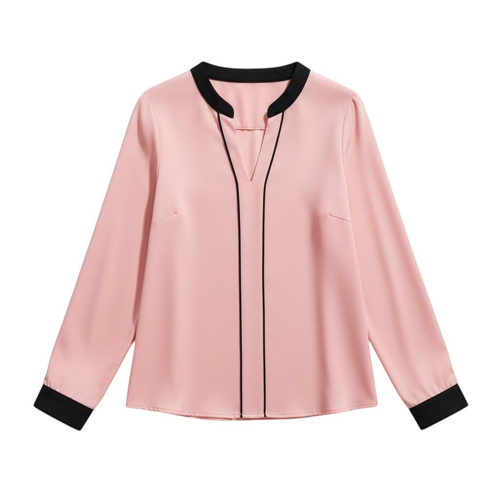 Women's Contrast Trim V-Neck Blouse-Vyana Collective