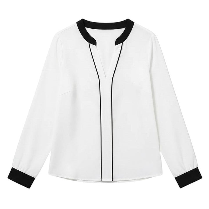 Women's Contrast Trim V-Neck Blouse-Vyana Collective