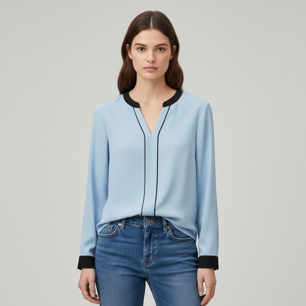 Women's Contrast Trim V-Neck Blouse-Vyana Collective