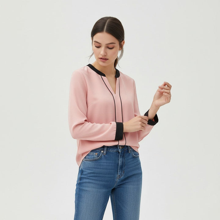 Women's Contrast Trim V-Neck Blouse-Vyana Collective