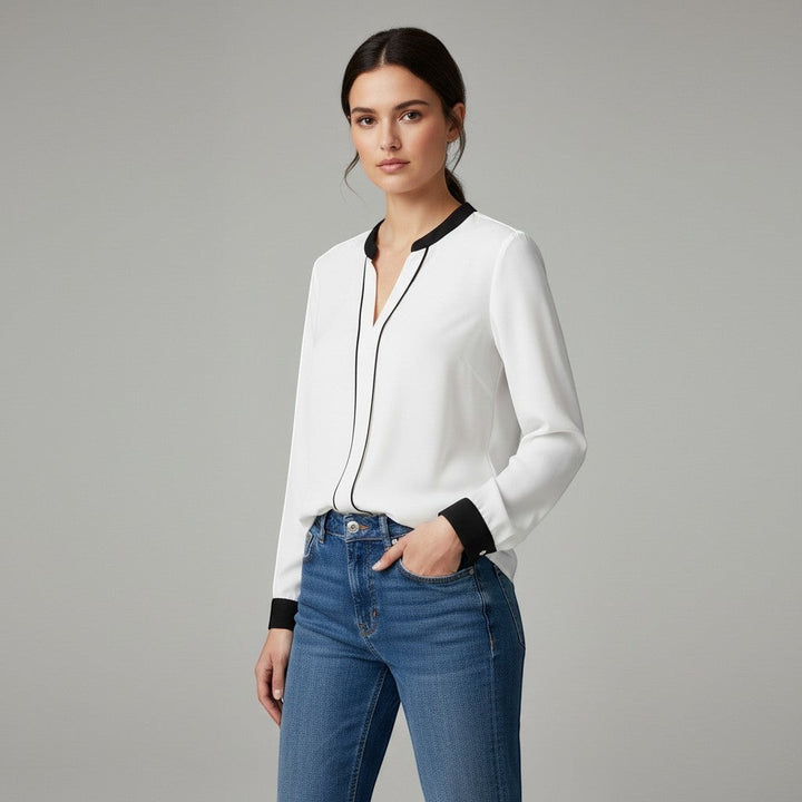 Women's Contrast Trim V-Neck Blouse-Vyana Collective