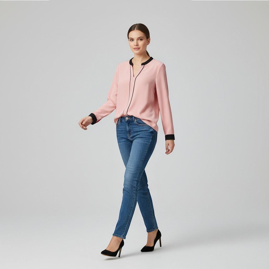 Women's Contrast Trim V-Neck Blouse-Vyana Collective