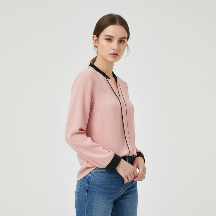 Women's Contrast Trim V-Neck Blouse-Vyana Collective