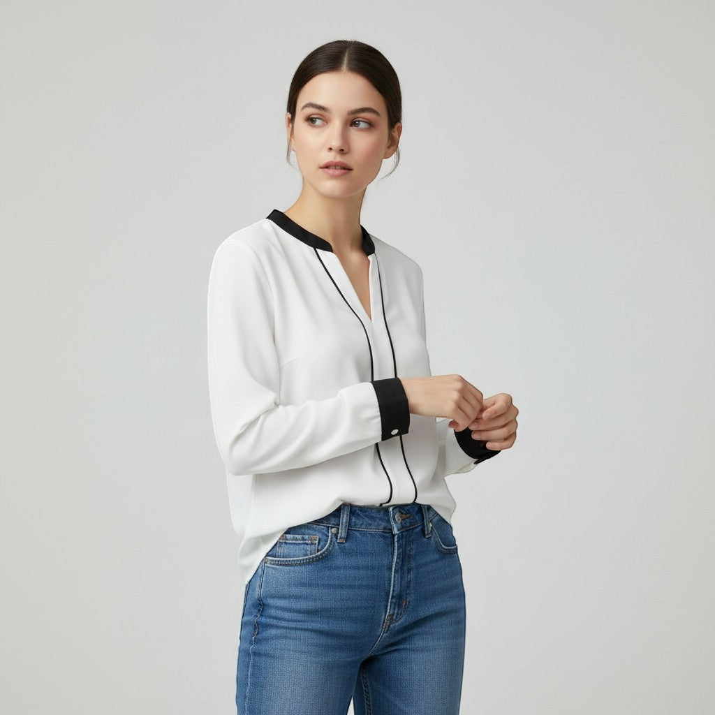 Women's Contrast Trim V-Neck Blouse-Vyana Collective
