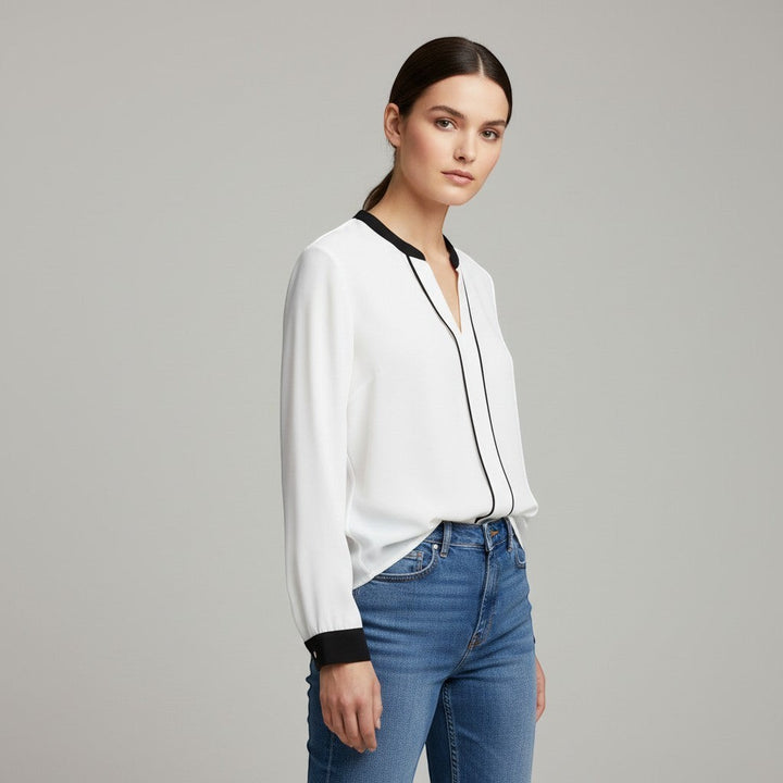 Women's Contrast Trim V-Neck Blouse-Vyana Collective