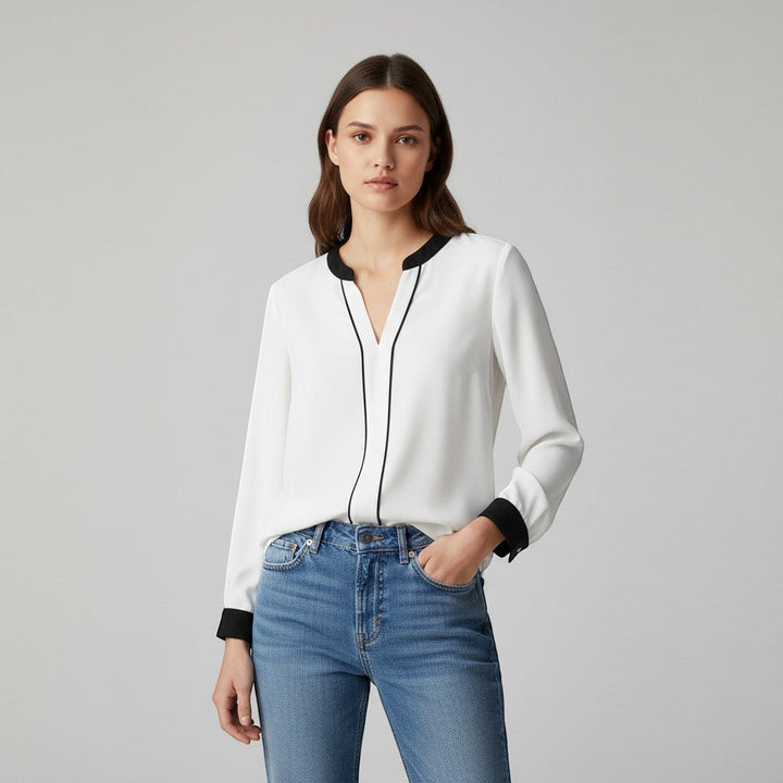 Women's Contrast Trim V-Neck Blouse-Vyana Collective