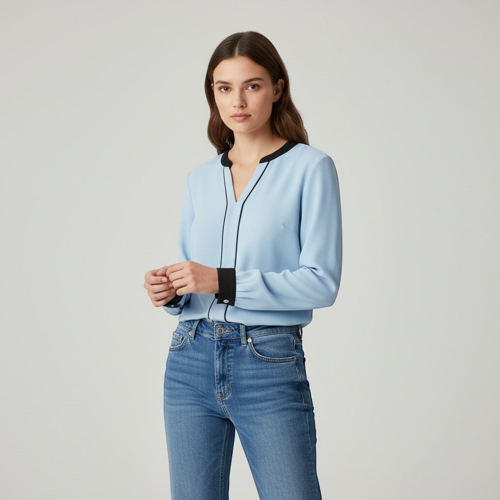 Women's Contrast Trim V-Neck Blouse-Vyana Collective