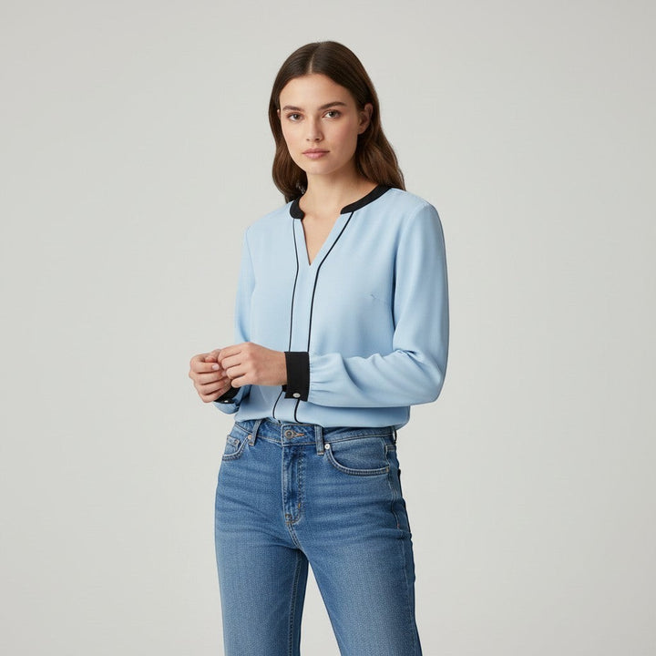 Women's Contrast Trim V-Neck Blouse-Vyana Collective