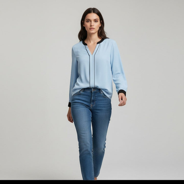 Women's Contrast Trim V-Neck Blouse-Vyana Collective