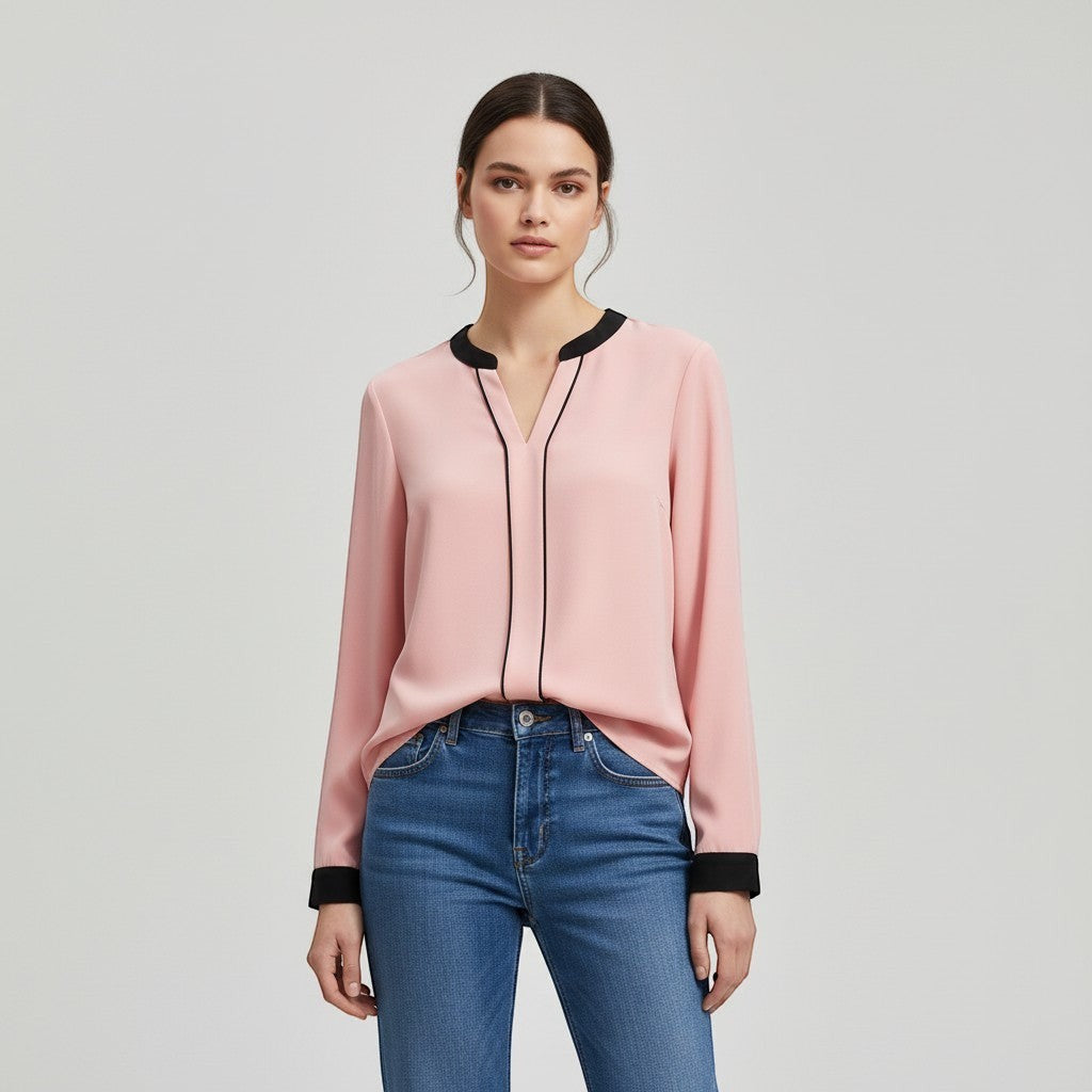 Women's Contrast Trim V-Neck Blouse-Vyana Collective