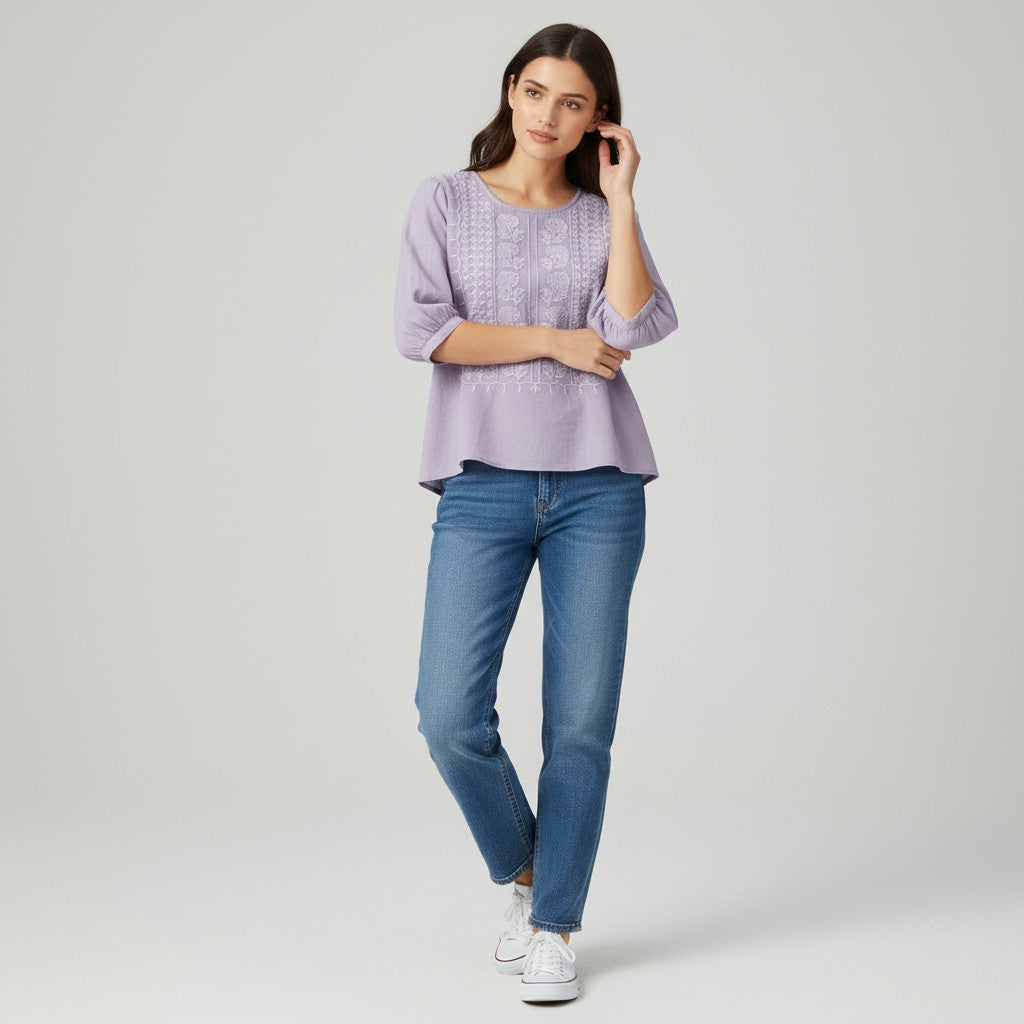 Women's Cotton Embroidered T-Shirt-Vyana Collective