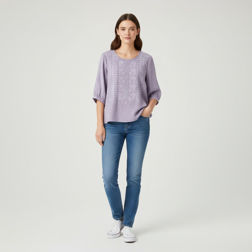 Women's Cotton Embroidered T-Shirt-Vyana Collective