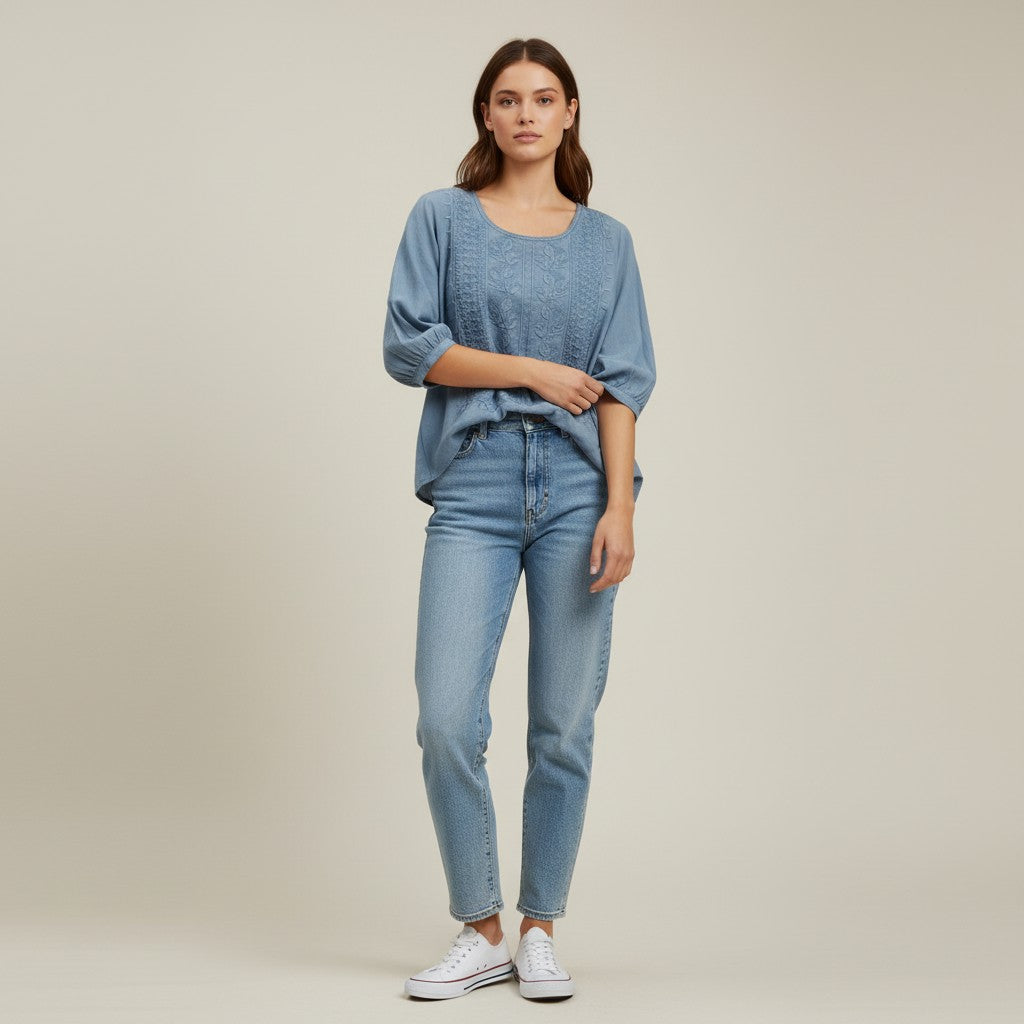 Women's Cotton Embroidered T-Shirt-Vyana Collective