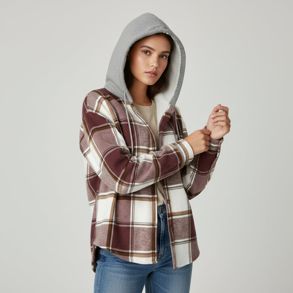 Women’s Cozy Plaid Hooded Jacket-Vyana Collective