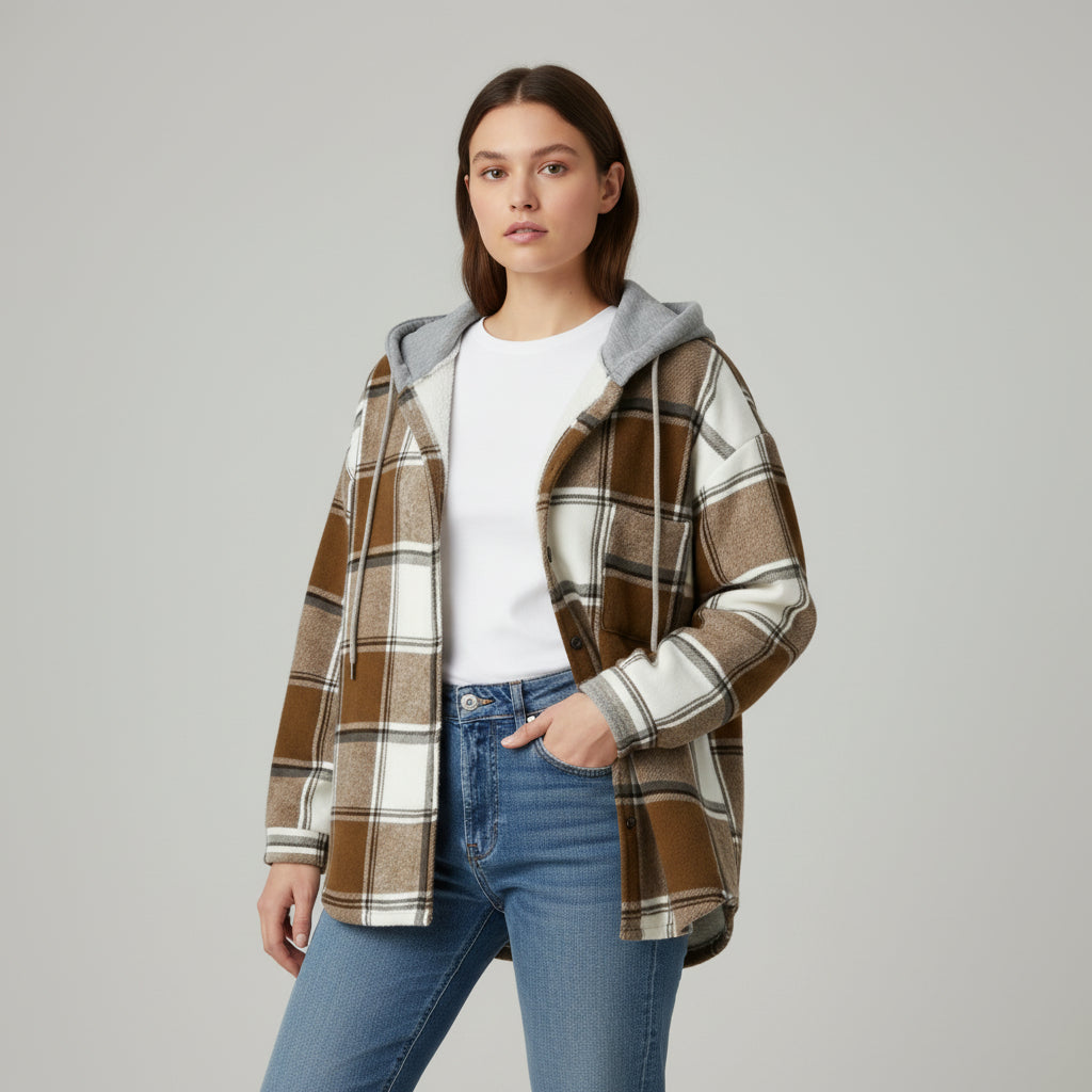 Women’s Cozy Plaid Hooded Jacket-Vyana Collective