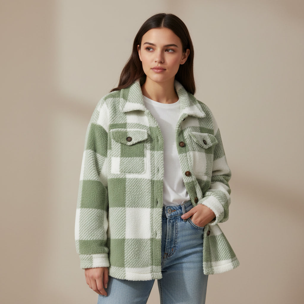Women’s Cozy Plaid Teddy Jacket with Lapel Collar-Vyana Collective