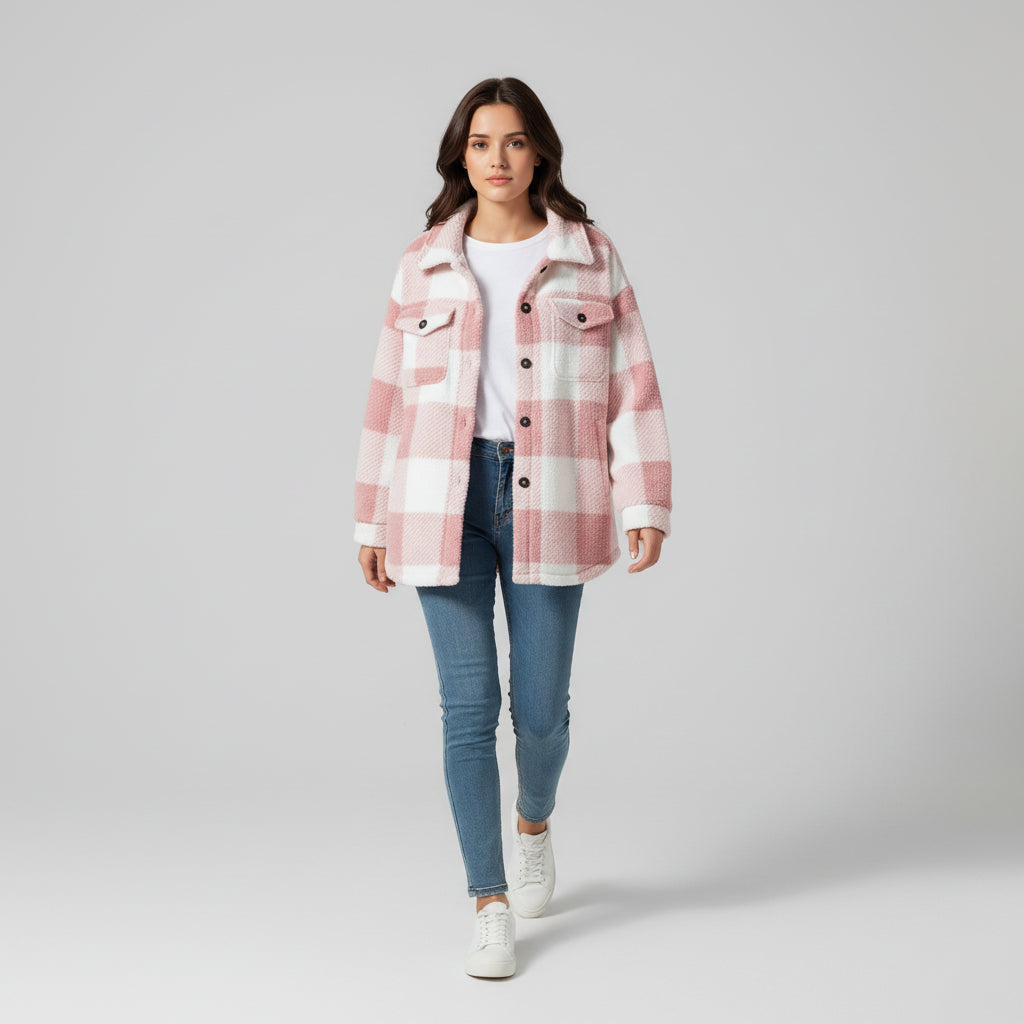 Women’s Cozy Plaid Teddy Jacket with Lapel Collar-Vyana Collective