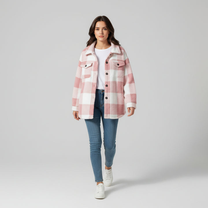Women’s Cozy Plaid Teddy Jacket with Lapel Collar-Vyana Collective