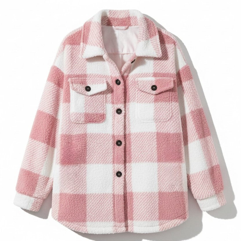 Women’s Cozy Plaid Teddy Jacket with Lapel Collar-Vyana Collective