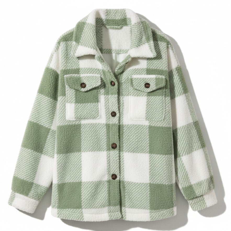 Women’s Cozy Plaid Teddy Jacket with Lapel Collar-Vyana Collective