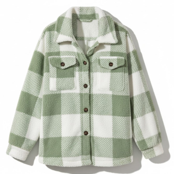 Women’s Cozy Plaid Teddy Jacket with Lapel Collar-Vyana Collective