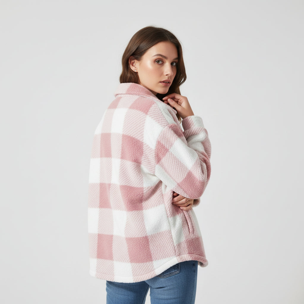 Women’s Cozy Plaid Teddy Jacket with Lapel Collar-Vyana Collective
