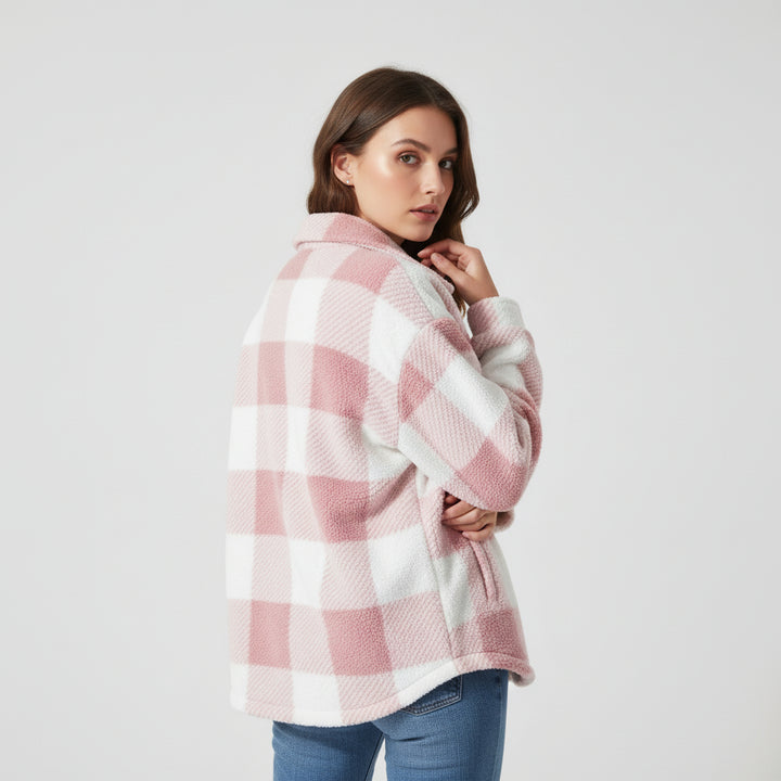 Women’s Cozy Plaid Teddy Jacket with Lapel Collar-Vyana Collective