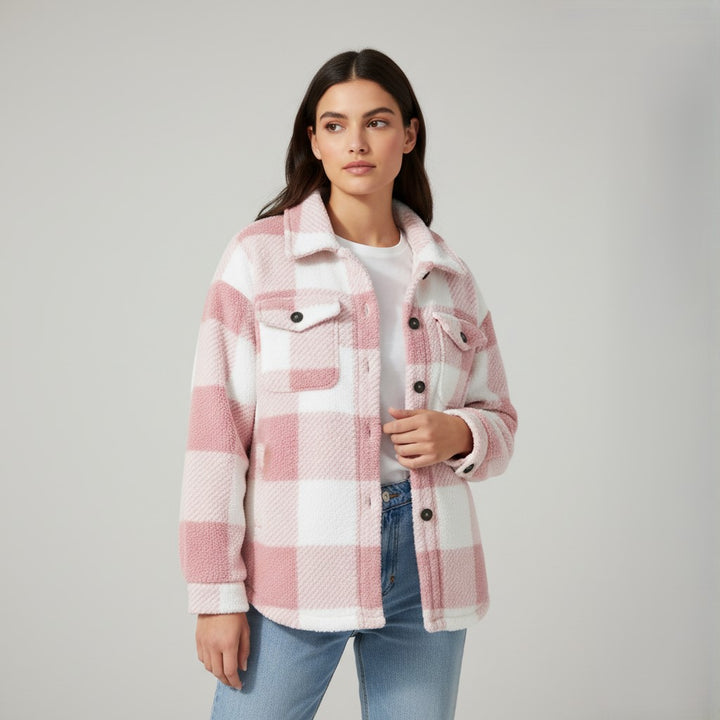 Women’s Cozy Plaid Teddy Jacket with Lapel Collar-Vyana Collective