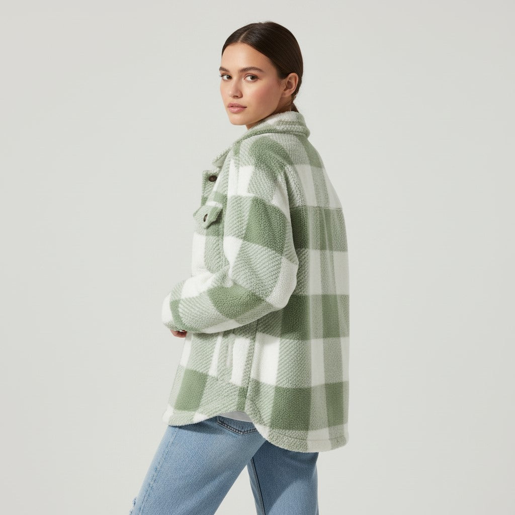 Women’s Cozy Plaid Teddy Jacket with Lapel Collar-Vyana Collective
