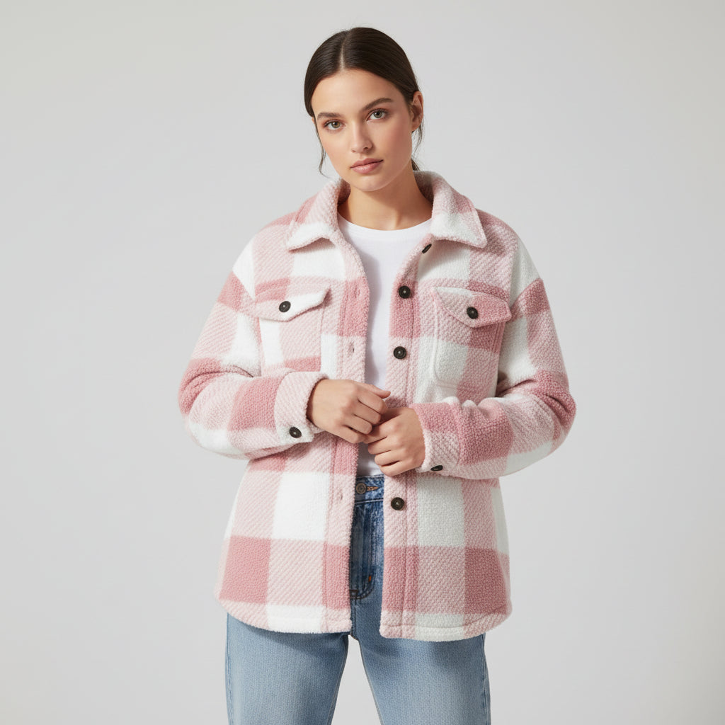 Women’s Cozy Plaid Teddy Jacket with Lapel Collar-Vyana Collective