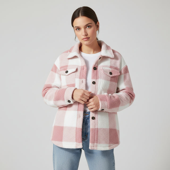 Women’s Cozy Plaid Teddy Jacket with Lapel Collar-Vyana Collective