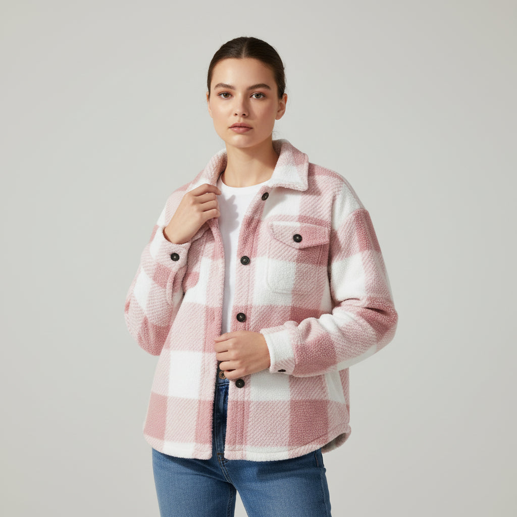 Women’s Cozy Plaid Teddy Jacket with Lapel Collar-Vyana Collective
