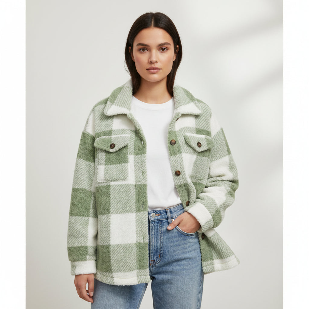 Women’s Cozy Plaid Teddy Jacket with Lapel Collar-Vyana Collective