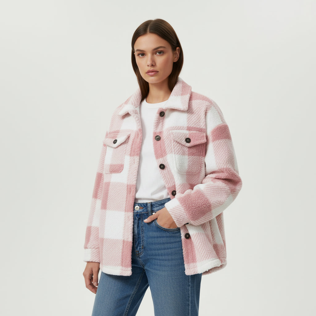 Women’s Cozy Plaid Teddy Jacket with Lapel Collar-Vyana Collective
