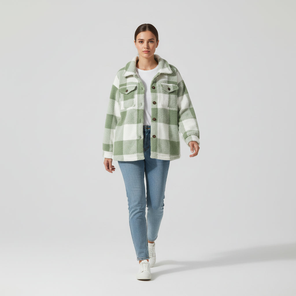 Women’s Cozy Plaid Teddy Jacket with Lapel Collar-Vyana Collective