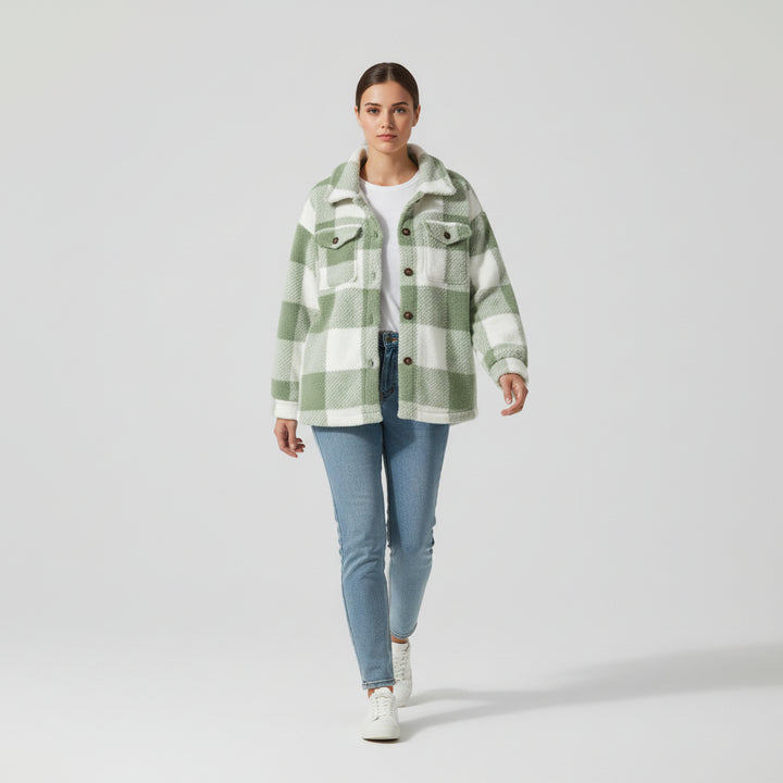 Women’s Cozy Plaid Teddy Jacket with Lapel Collar-Vyana Collective