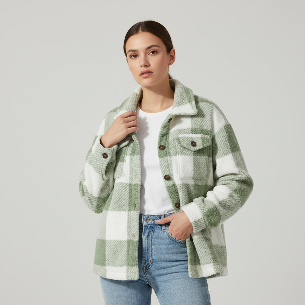 Women’s Cozy Plaid Teddy Jacket with Lapel Collar-Vyana Collective