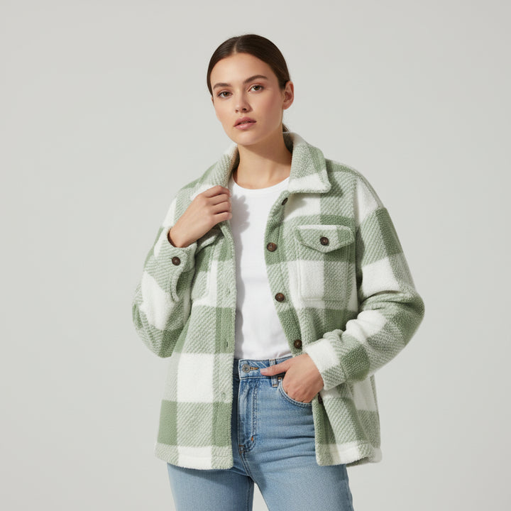 Women’s Cozy Plaid Teddy Jacket with Lapel Collar-Vyana Collective