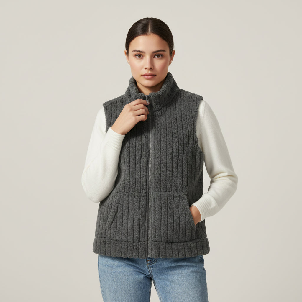 Women’s Double-Sided Plush Zip-Up Vest with Pockets-Vyana Collective