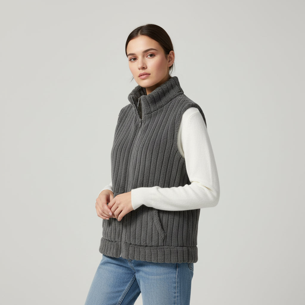 Women’s Double-Sided Plush Zip-Up Vest with Pockets-Vyana Collective