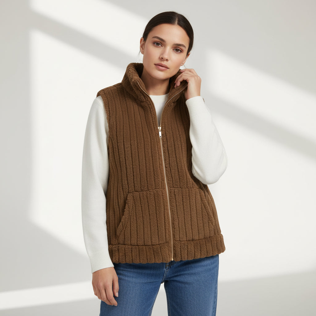 Women’s Double-Sided Plush Zip-Up Vest with Pockets-Vyana Collective