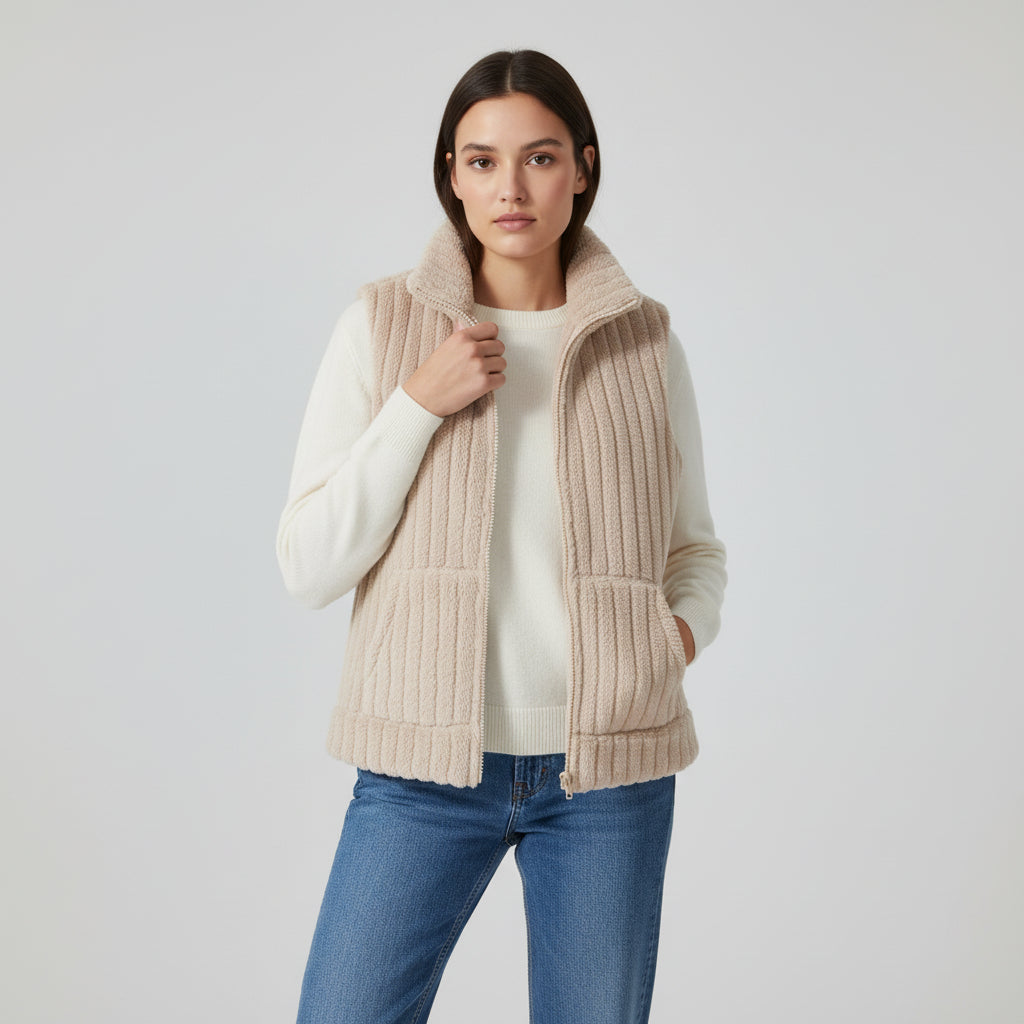 Women’s Double-Sided Plush Zip-Up Vest with Pockets-Vyana Collective