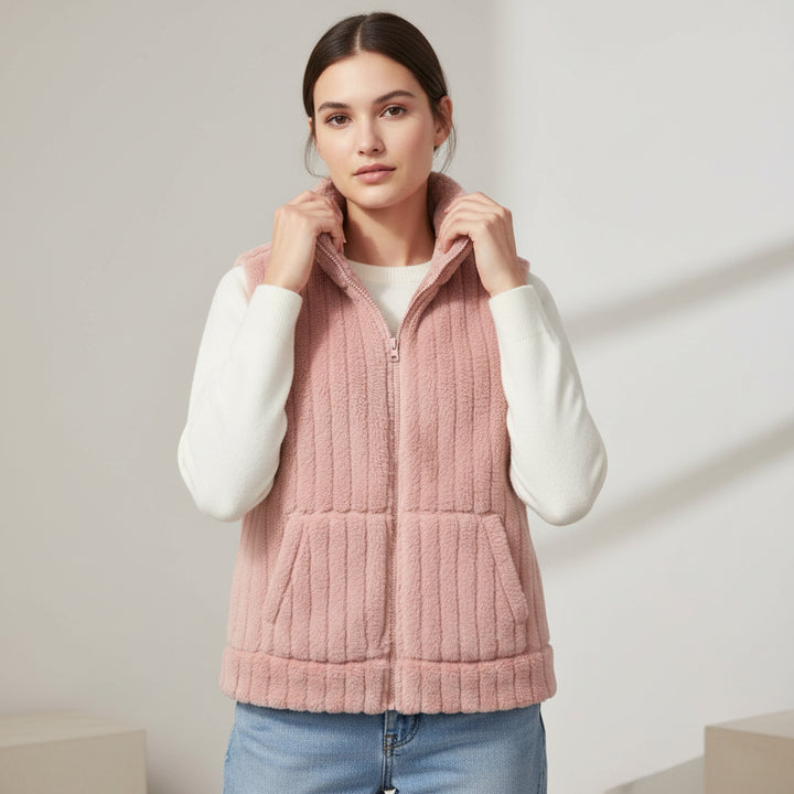 Women’s Double-Sided Plush Zip-Up Vest with Pockets-Vyana Collective