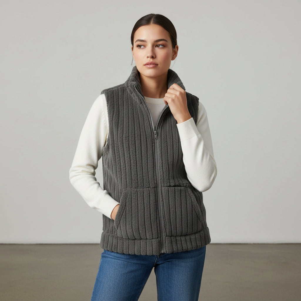 Women’s Double-Sided Plush Zip-Up Vest with Pockets-Vyana Collective