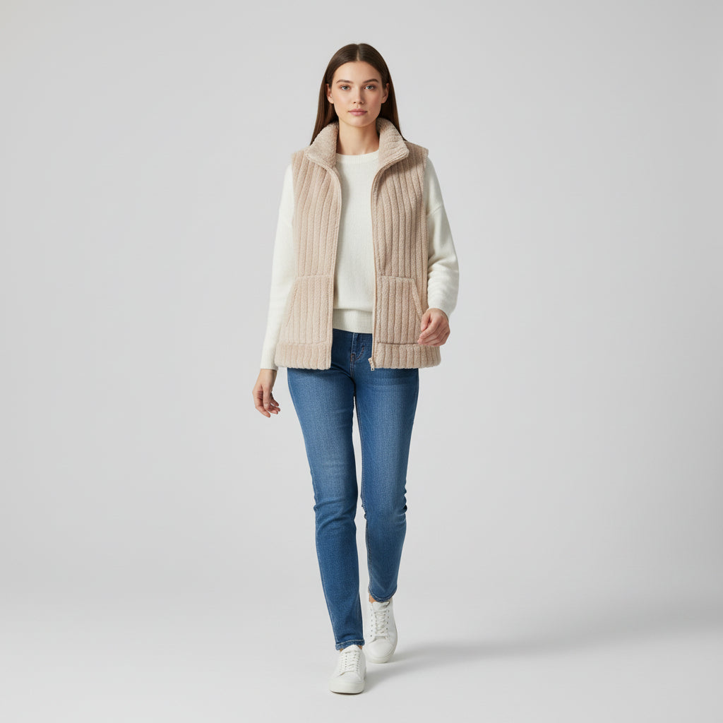 Women’s Double-Sided Plush Zip-Up Vest with Pockets-Vyana Collective