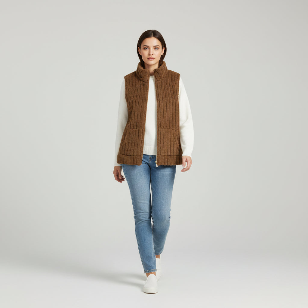 Women’s Double-Sided Plush Zip-Up Vest with Pockets-Vyana Collective