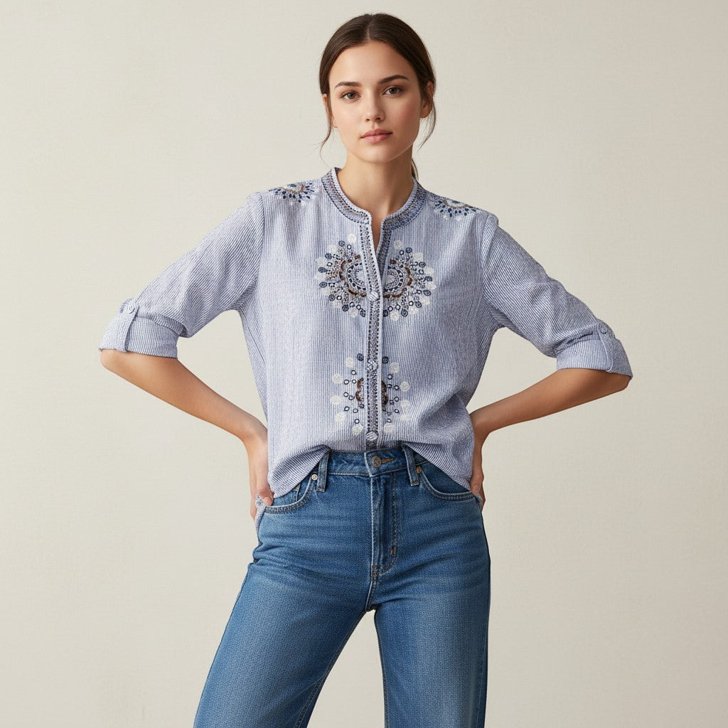 Women's Embroidered Stand Collar Blouse-Vyana Collective